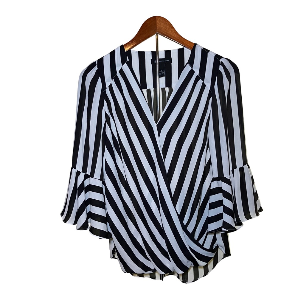 INC International Concepts Blouse Women's M Black White  Striped Bell Sleeve